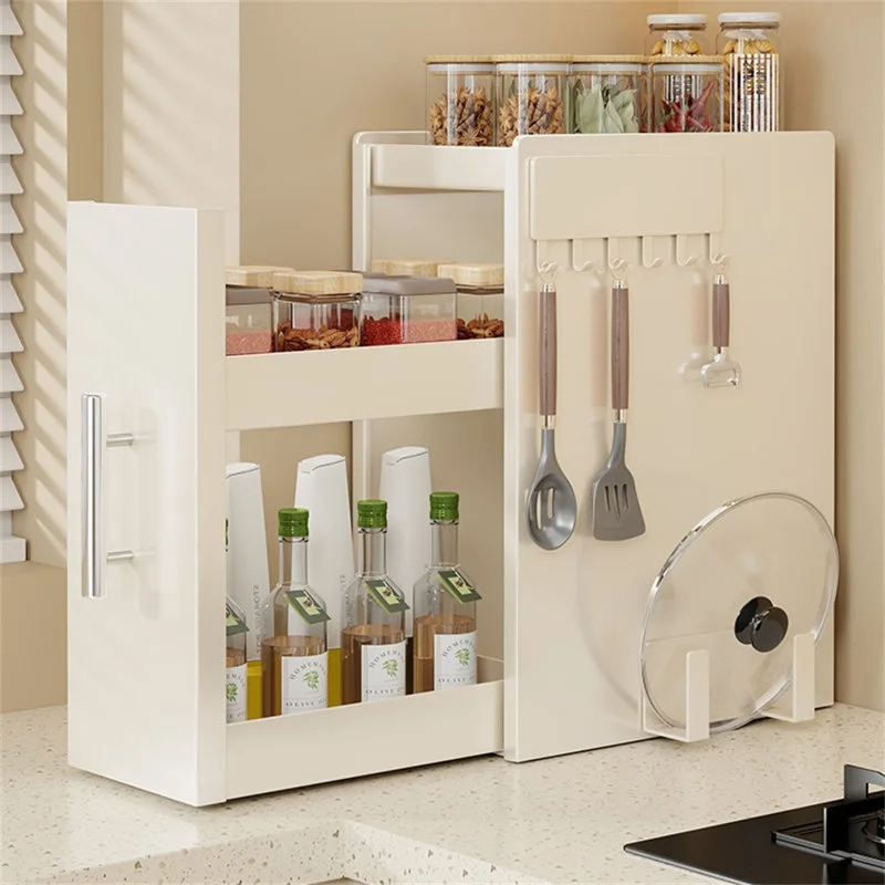 Rack à épices escamotable de cuisine 3 niveaux, profondeur 18,5 cm, avec crochet magnétique et porte-planche à découper, organisateur en acier au carbone - Blanc