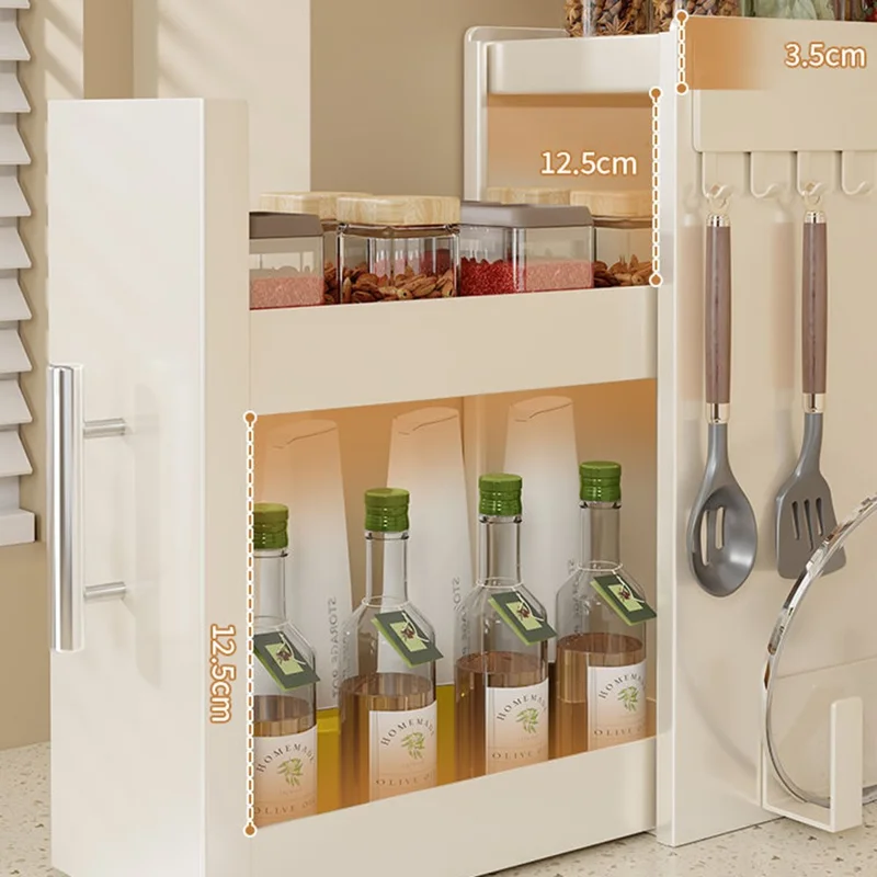 Rack à épices escamotable de cuisine 3 niveaux, profondeur 18,5 cm, avec crochet magnétique et porte-planche à découper, organisateur en acier au carbone - Blanc