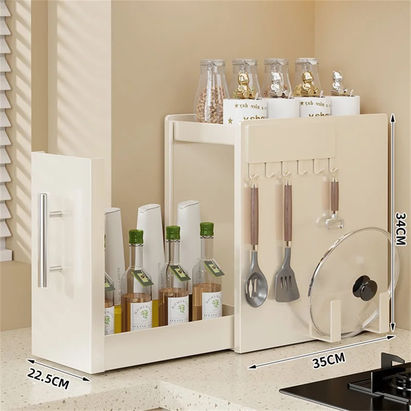 Range-épices escamotable de cuisine de 22,5 cm de profondeur, 2 niveaux, avec crochet magnétique et support pour planche à découper, organisateur en acier au carbone - Blanc