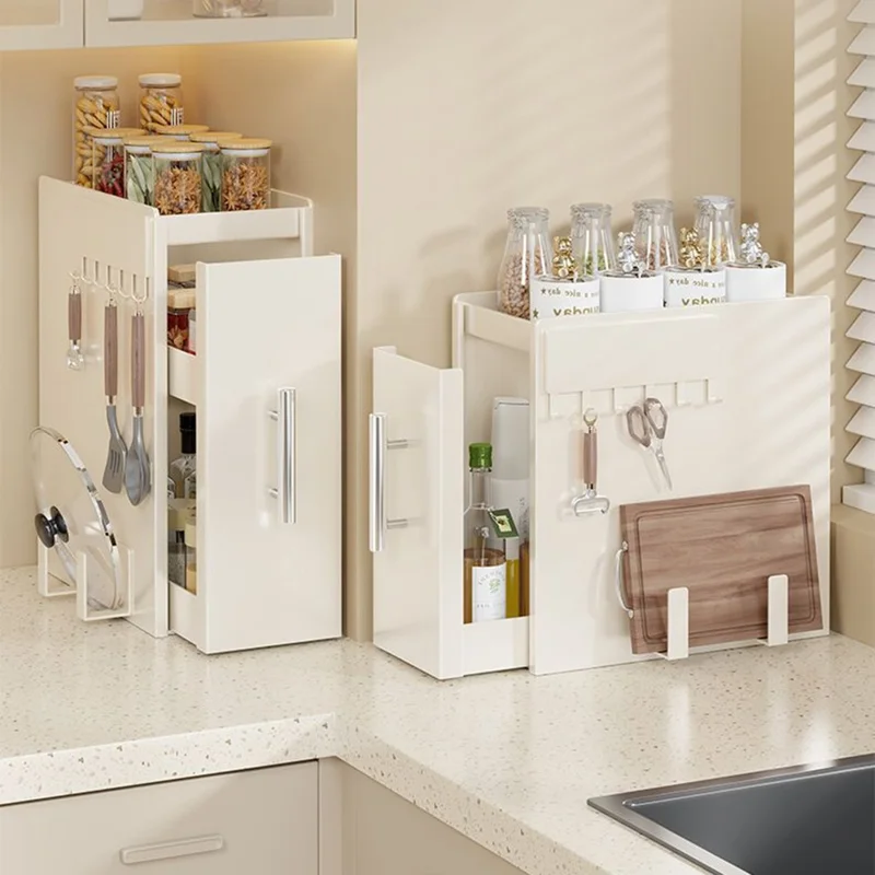 Range-épices escamotable de cuisine de 22,5 cm de profondeur, 2 niveaux, avec crochet magnétique et support pour planche à découper, organisateur en acier au carbone - Blanc