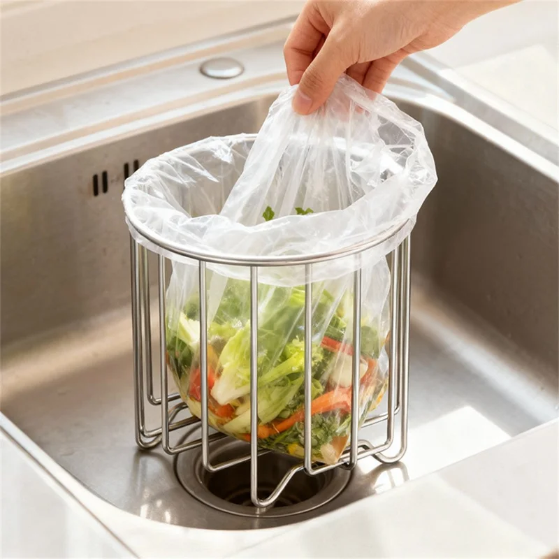 304 Stainless Steel Trash Bag Holder Rack Kitchen Countertop Garbage Rubbish Rack - Silver
