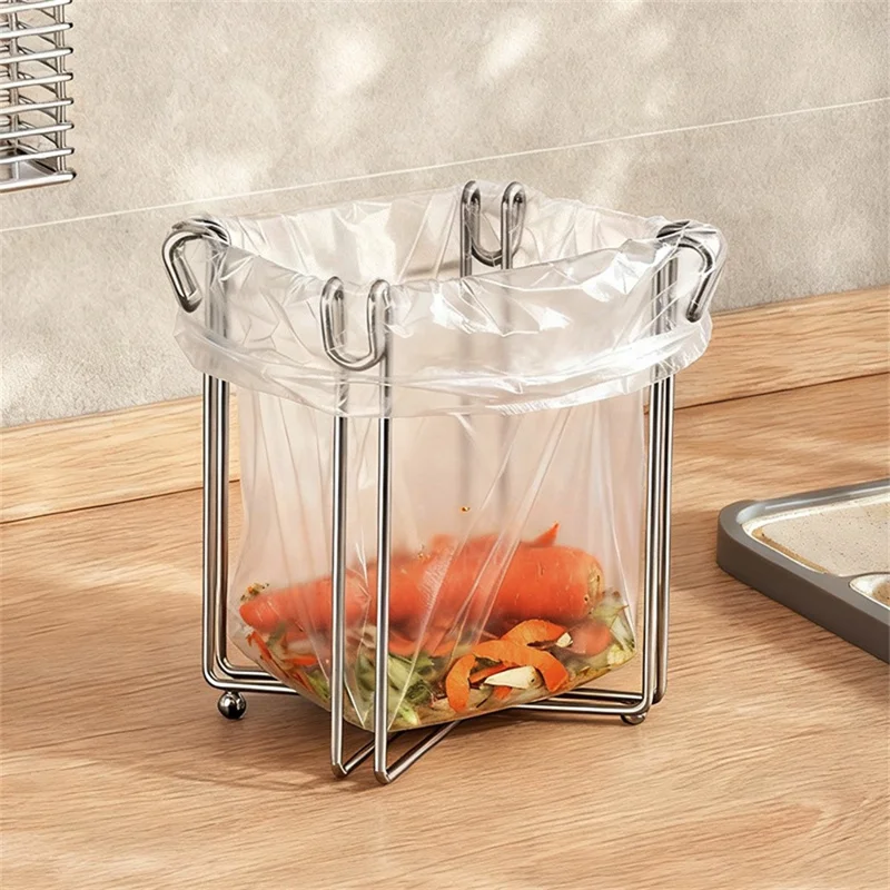 304 Stainless Steel Foldable Kitchen Garbage Bag Holder Stand Countertop Trash Support Rack - Silver