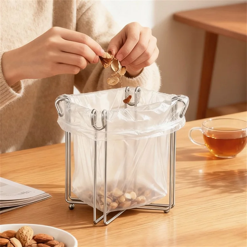 304 Stainless Steel Foldable Kitchen Garbage Bag Holder Stand Countertop Trash Support Rack - Silver