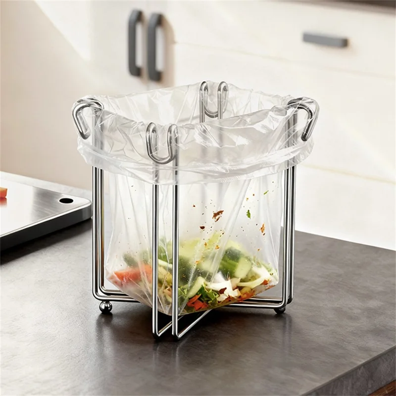 304 Stainless Steel Foldable Kitchen Garbage Bag Holder Stand Countertop Trash Support Rack - Silver