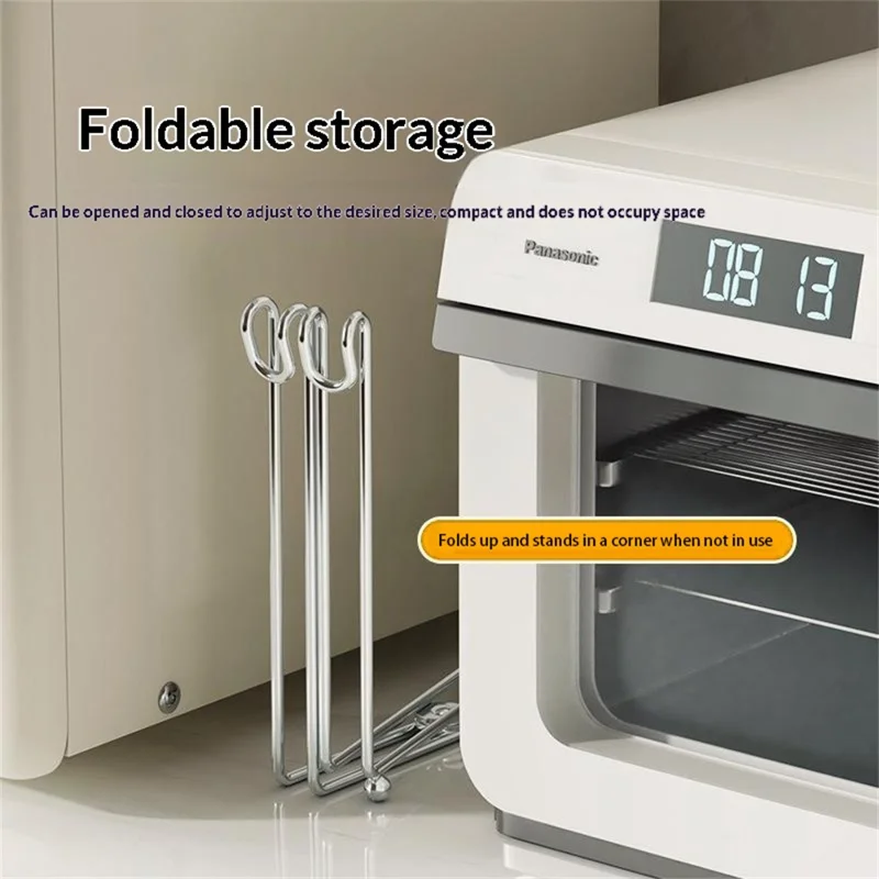 304 Stainless Steel Foldable Kitchen Garbage Bag Holder Stand Countertop Trash Support Rack - Silver