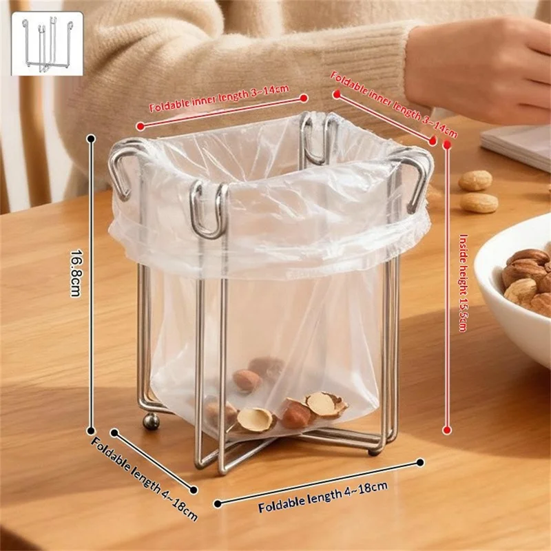 304 Stainless Steel Foldable Kitchen Garbage Bag Holder Stand Countertop Trash Support Rack - Silver