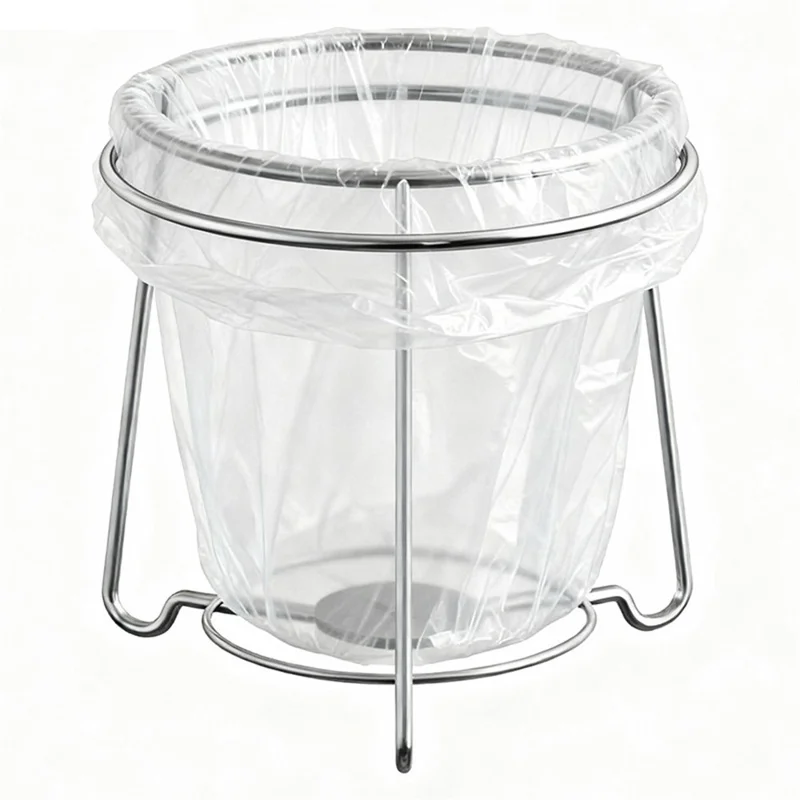 304 Stainless Steel Kitchen Countertop Trash Bag Holder Stand Desktop Round Garbage Bag Support Rack - Silver
