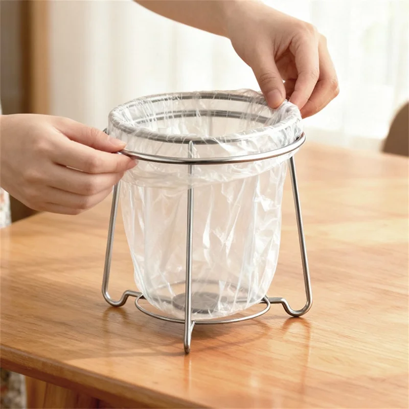 304 Stainless Steel Kitchen Countertop Trash Bag Holder Stand Desktop Round Garbage Bag Support Rack - Silver