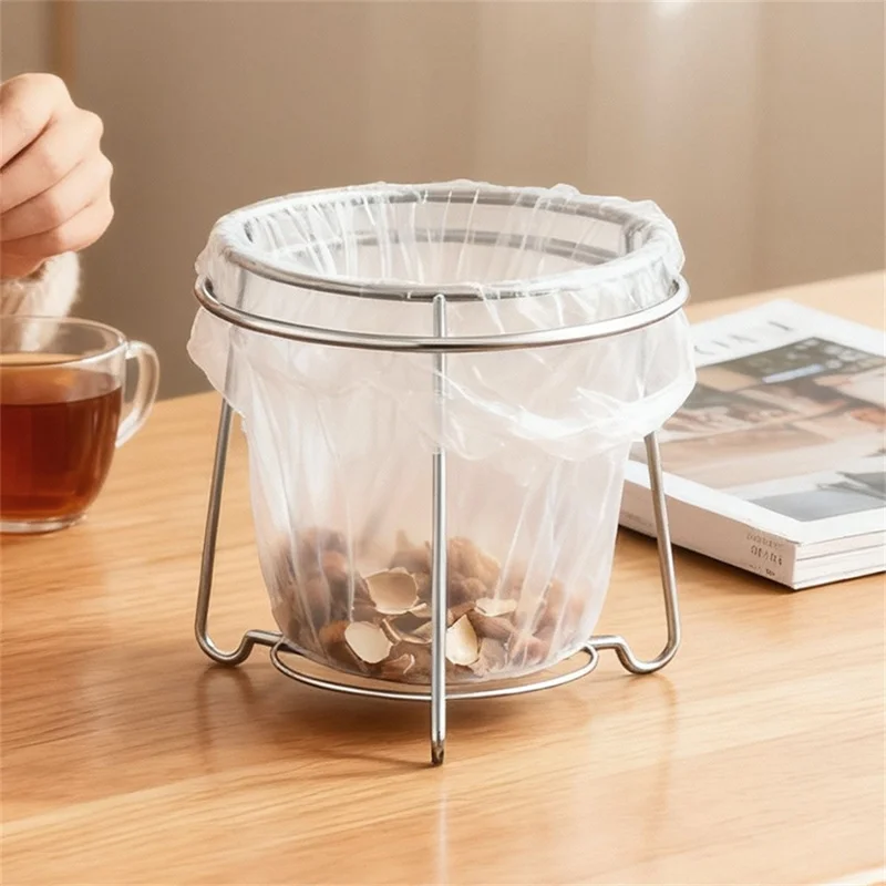 304 Stainless Steel Kitchen Countertop Trash Bag Holder Stand Desktop Round Garbage Bag Support Rack - Silver