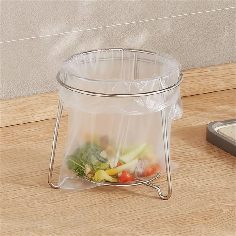 304 Stainless Steel Kitchen Countertop Trash Bag Holder Stand Desktop Round Garbage Bag Support Rack - Silver