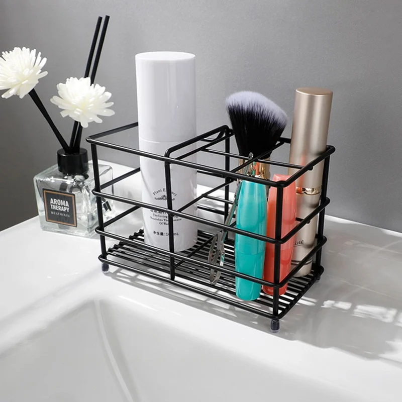 12 x 6 x 10.2cm Size S 4 Grid Stainless Steel Toothbrush Holder Toothpaste Bathroom Organizer Shelf - Black