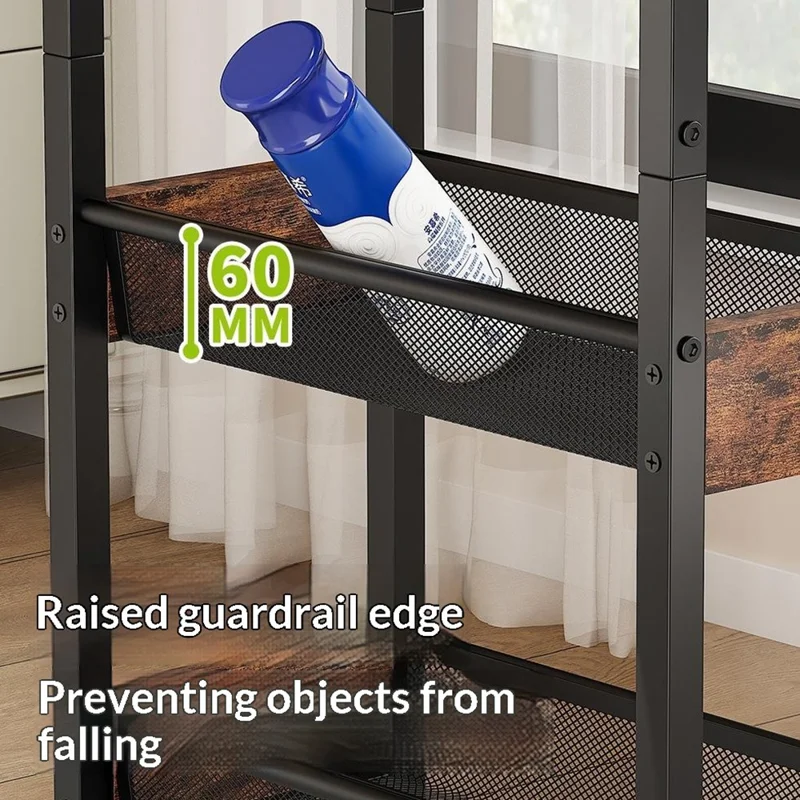 Chariot de Rangement Roulant 4 Étages, Étagère d'Organisation en Acier au Carbone pour Cuisine et Salle de Bain avec Roues, Côté Bois + Côté en Maille - Noir