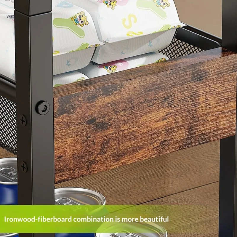 Chariot de Rangement Roulant 4 Étages, Étagère d'Organisation en Acier au Carbone pour Cuisine et Salle de Bain avec Roues, Côté Bois + Côté en Maille - Noir