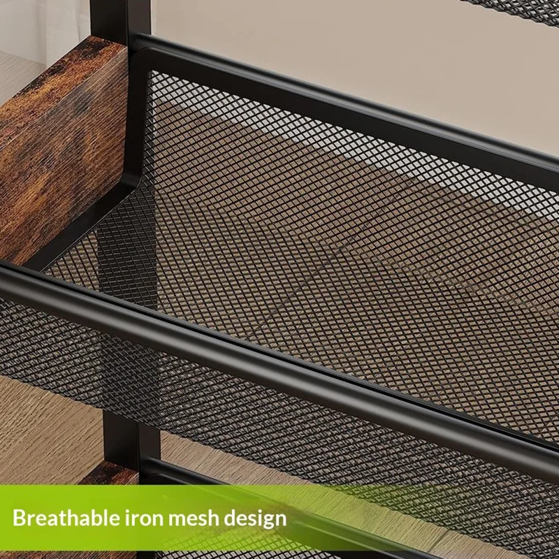 Chariot de Rangement Roulant 4 Étages, Étagère d'Organisation en Acier au Carbone pour Cuisine et Salle de Bain avec Roues, Côté Bois + Côté en Maille - Noir