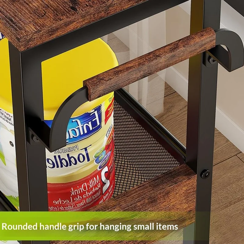 Chariot de Rangement Roulant 4 Étages, Étagère d'Organisation en Acier au Carbone pour Cuisine et Salle de Bain avec Roues, Côté Bois + Côté en Maille - Noir