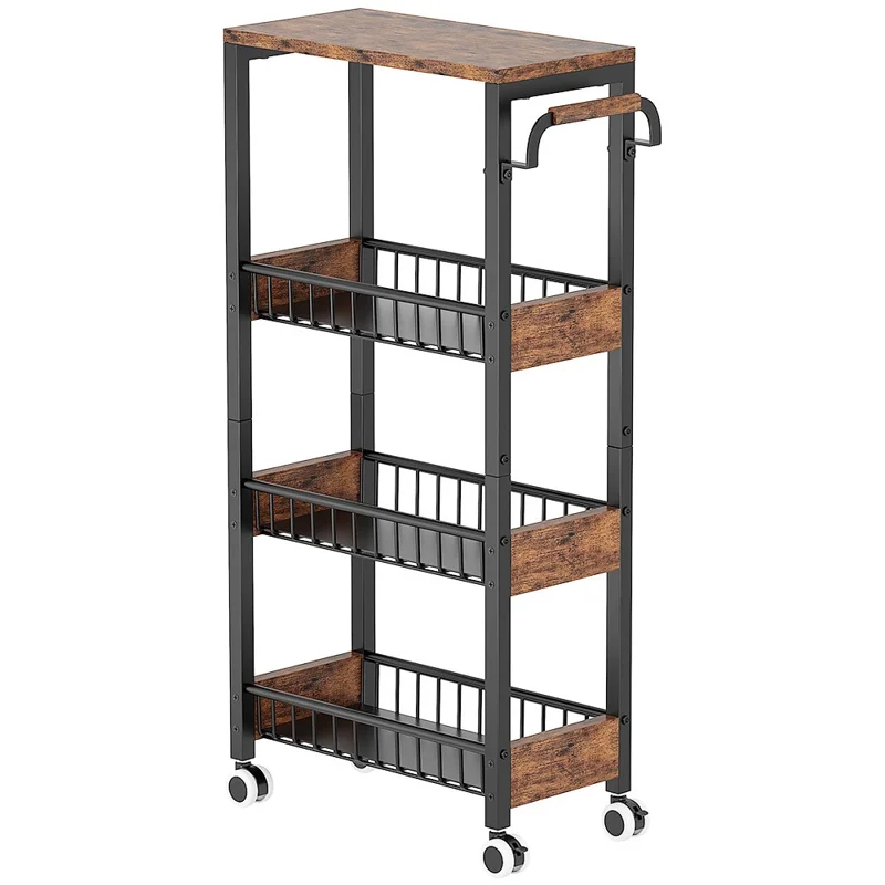 Chariot de Rangement 4 Niveaux avec Roulettes, Étagère d'Organisation en Acier au Carbone pour Cuisine et Salle de Bain, Côté Bois + Côté Grillagé - Noir