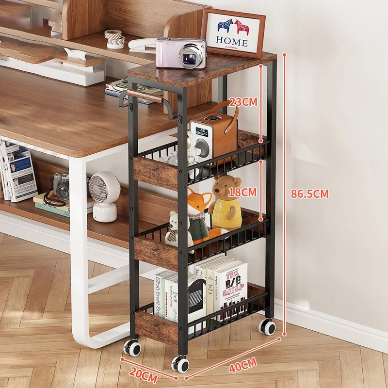 Chariot de Rangement 4 Niveaux avec Roulettes, Étagère d'Organisation en Acier au Carbone pour Cuisine et Salle de Bain, Côté Bois + Côté Grillagé - Noir