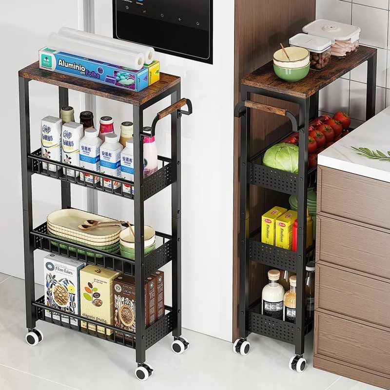 Chariot de Rangement 4 Niveaux avec Roulettes, Étagère d'Organisation en Acier au Carbone pour Cuisine et Salle de Bain, Côté Bois + Côté Grillagé - Noir