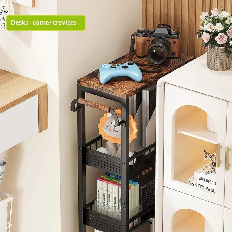 Chariot de Rangement 4 Niveaux avec Roulettes, Étagère d'Organisation en Acier au Carbone pour Cuisine et Salle de Bain, Côté Bois + Côté Grillagé - Noir