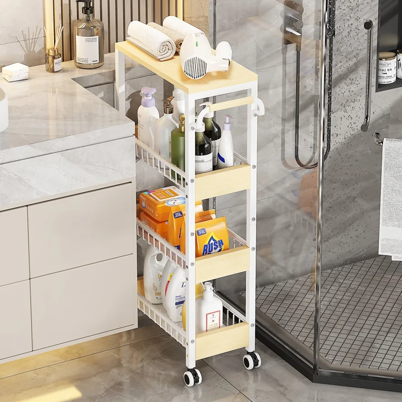 Chariot de Rangement 4 Niveaux avec Roulettes, Étagère d'Organisation en Acier au Carbone pour Cuisine et Salle de Bain, Côté Bois + Côté Grillagé - Noir