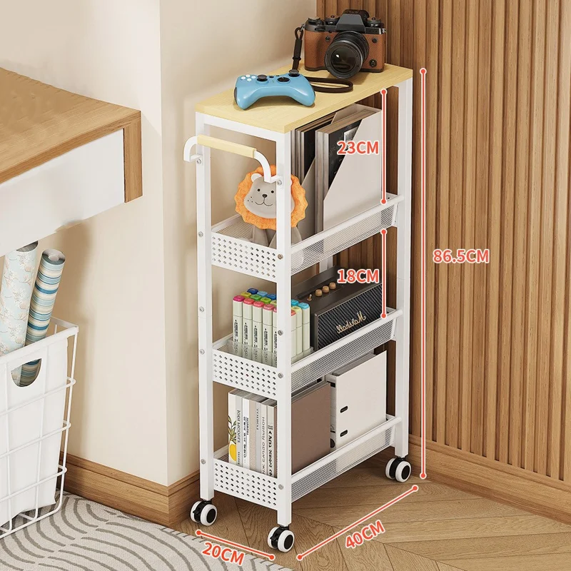 Chariot de Rangement Roulant 4 Étages, Armoire de Rangement en Acier au Carbone pour Cuisine et Salle de Bain avec Roulettes, Côté Plaque de Fer + Côté en Treillis - Blanc