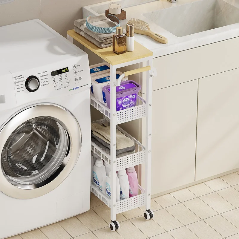 Chariot de Rangement Roulant 4 Étages, Armoire de Rangement en Acier au Carbone pour Cuisine et Salle de Bain avec Roulettes, Côté Plaque de Fer + Côté en Treillis - Blanc