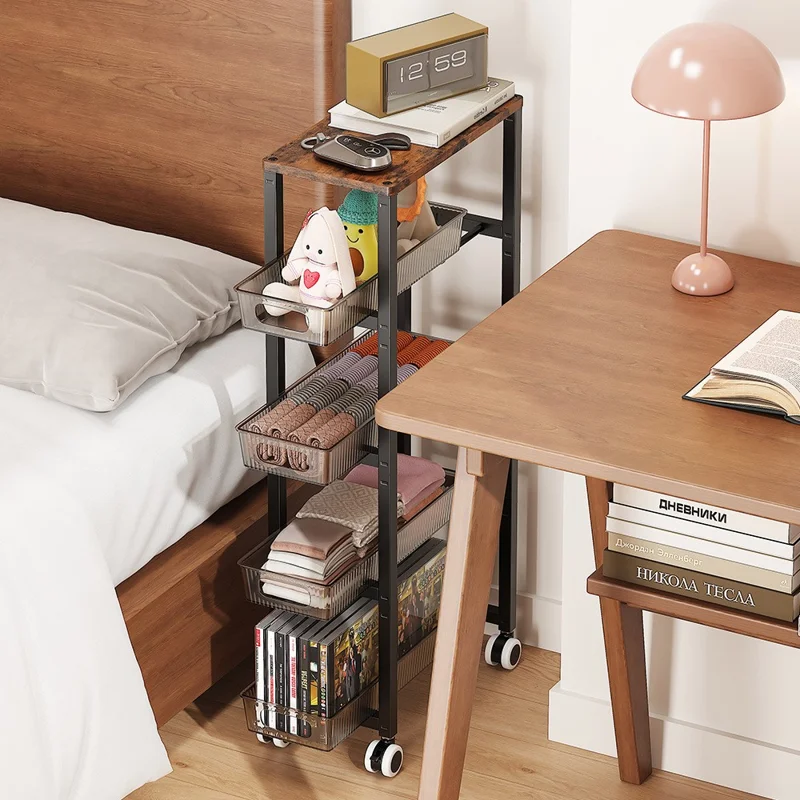 Prateleira de Armazenamento para Espaços Estreitos de Cozinha Tamanho S 34,5 x 18,2 x 80 cm, Carrinho Rolante com Rodízios e Quatro Gavetas, Multicamadas - Preto + Transparente