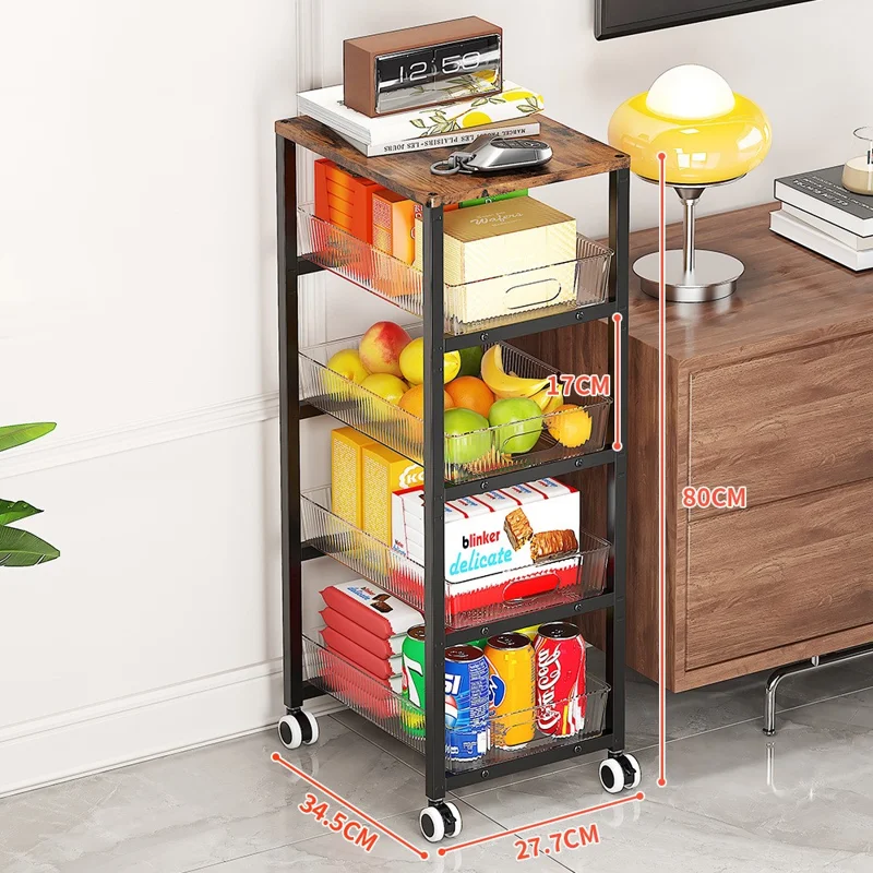 Étagère de rangement pour espace étroit de cuisine 34,5 x 27,7 x 80 cm taille L, chariot roulant multicouche avec roues / quatre tiroirs - Noir + Transparent