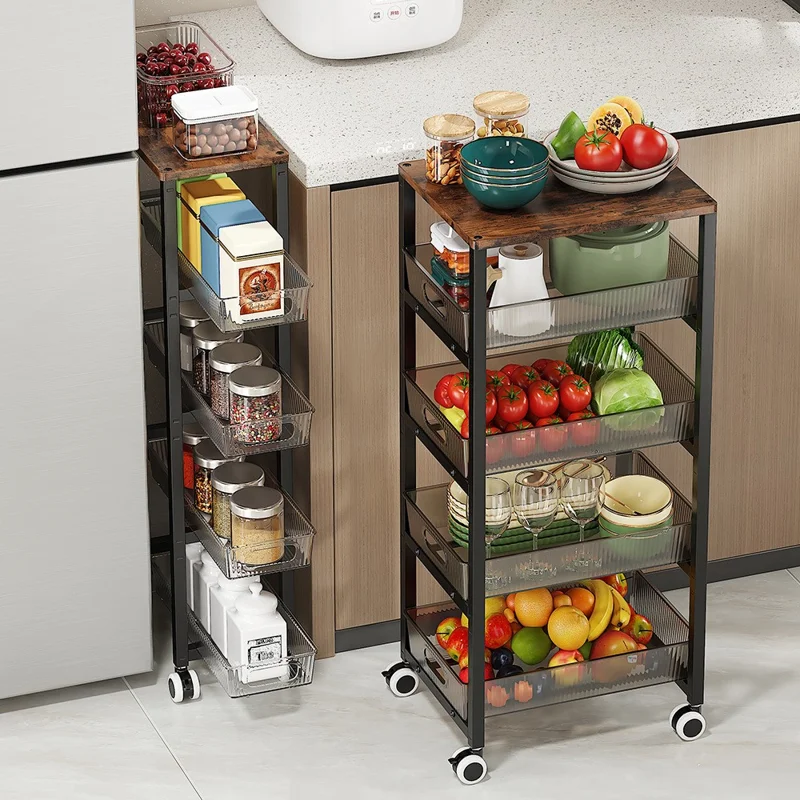 Étagère de rangement pour espace étroit de cuisine 34,5 x 27,7 x 80 cm taille L, chariot roulant multicouche avec roues / quatre tiroirs - Noir + Transparent