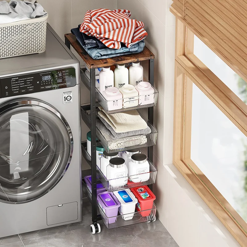 Étagère de rangement pour espace étroit de cuisine 34,5 x 27,7 x 80 cm taille L, chariot roulant multicouche avec roues / quatre tiroirs - Noir + Transparent