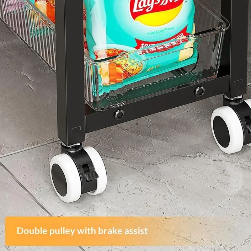 Étagère de rangement pour espace étroit de cuisine 34,5 x 27,7 x 80 cm taille L, chariot roulant multicouche avec roues / quatre tiroirs - Noir + Transparent