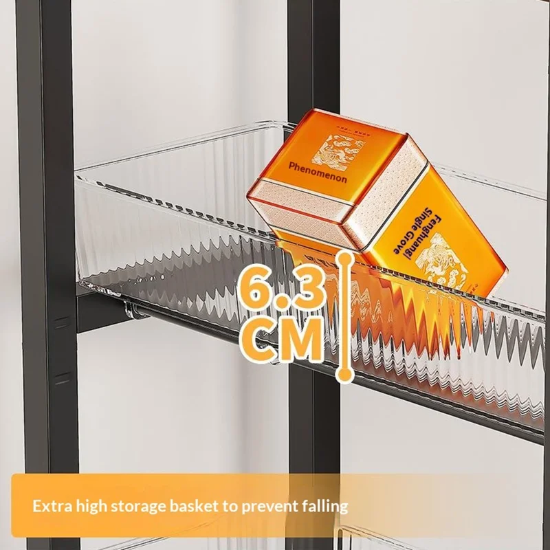 Étagère de rangement pour espace étroit de cuisine 34,5 x 27,7 x 80 cm taille L, chariot roulant multicouche avec roues / quatre tiroirs - Noir + Transparent