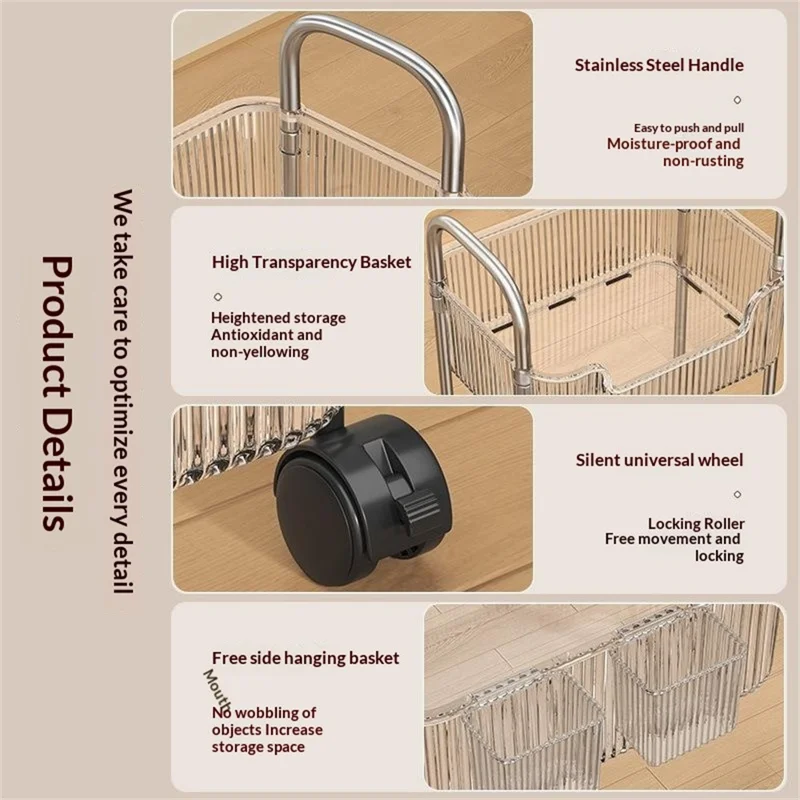 3-уровневая акриловая передвижная тележка для хранения, мобильная органайзер-стойка с колесиками, прозрачная многоярусная тележка для хранения