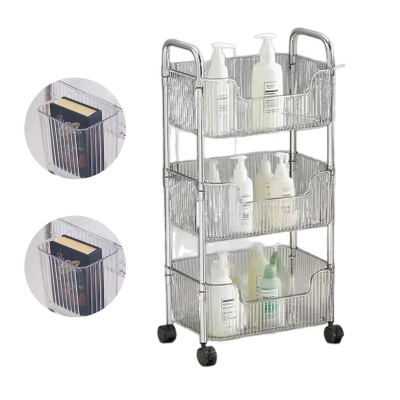 3-stufiger Acryl-Rollwagen mit 2 seitlichen Hängeregalen, Küchen- und Badezimmer-Organizer mit Rädern