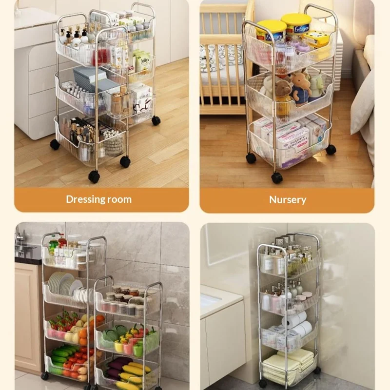 3-stufiger Acryl-Rollwagen mit 2 seitlichen Hängeregalen, Küchen- und Badezimmer-Organizer mit Rädern