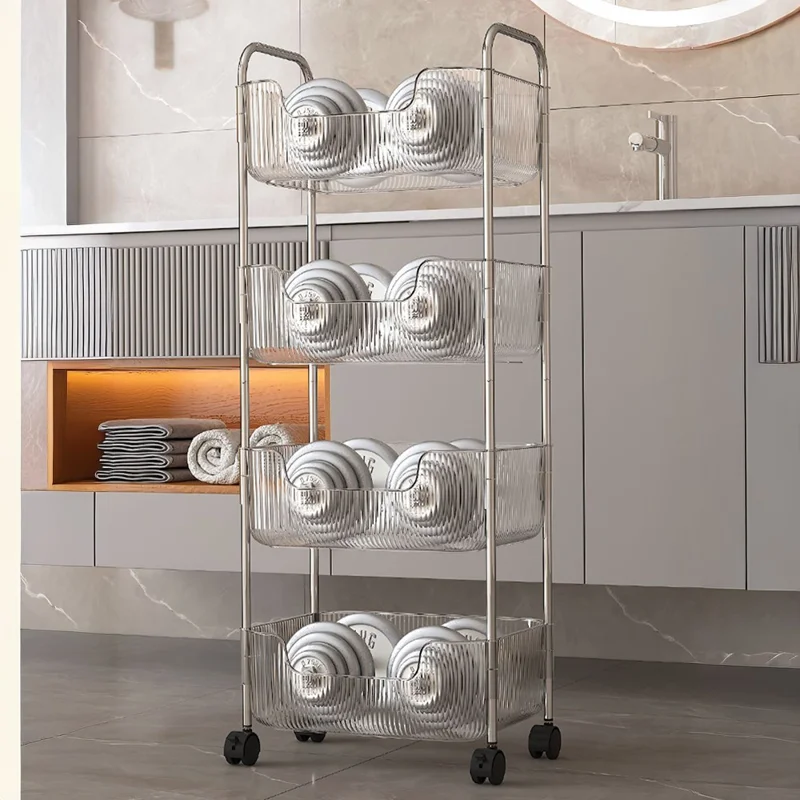 4 Tier Acrylic Rolling Storage Cart with 2 Side Hanging Baskets Kitchen Bathroom Organizer with Wheels