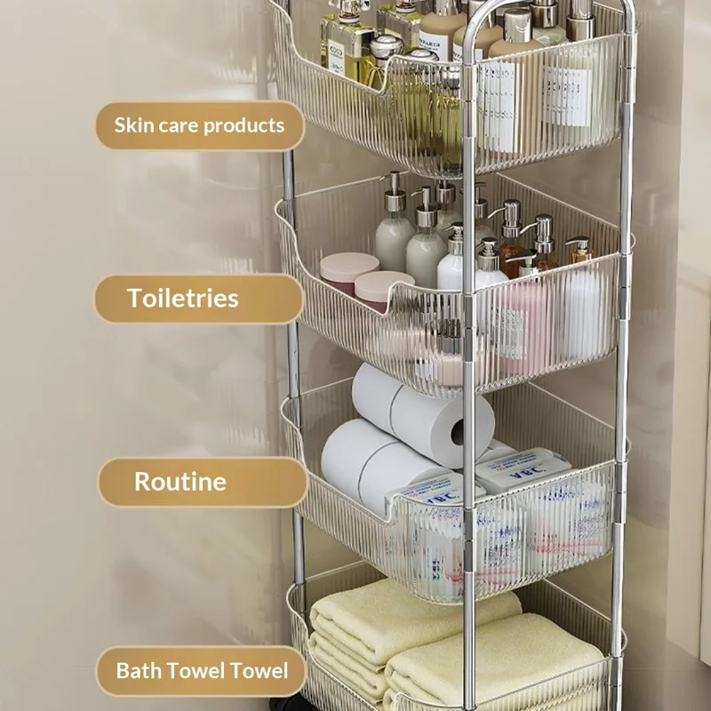 4 Tier Acrylic Rolling Storage Cart with 2 Side Hanging Baskets Kitchen Bathroom Organizer with Wheels