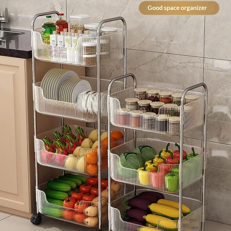 4 Tier Acrylic Rolling Storage Cart with 2 Side Hanging Baskets Kitchen Bathroom Organizer with Wheels