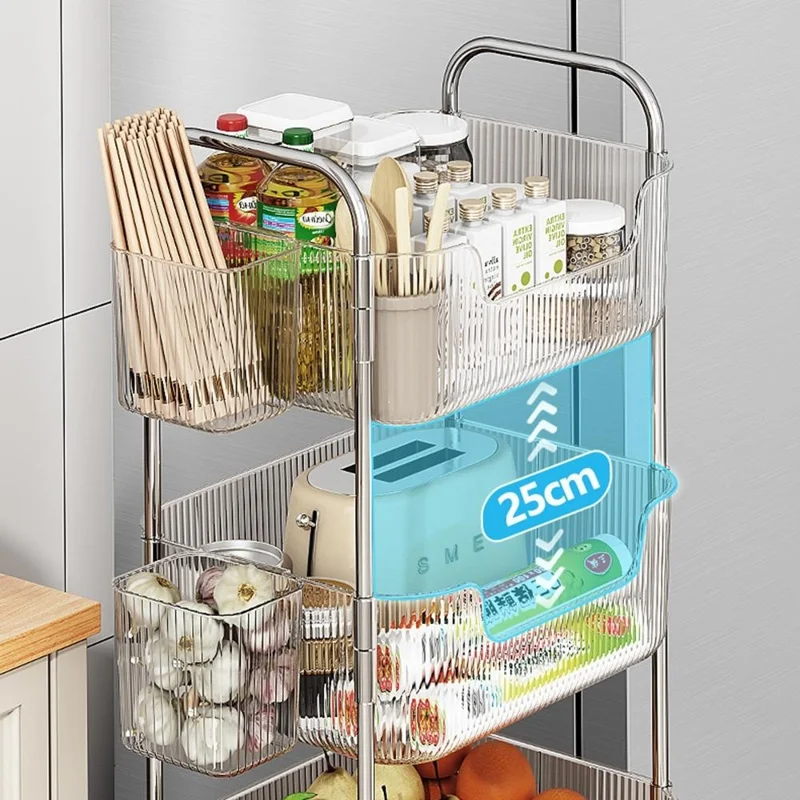 4 Tier Acrylic Rolling Storage Cart with 2 Side Hanging Baskets Kitchen Bathroom Organizer with Wheels