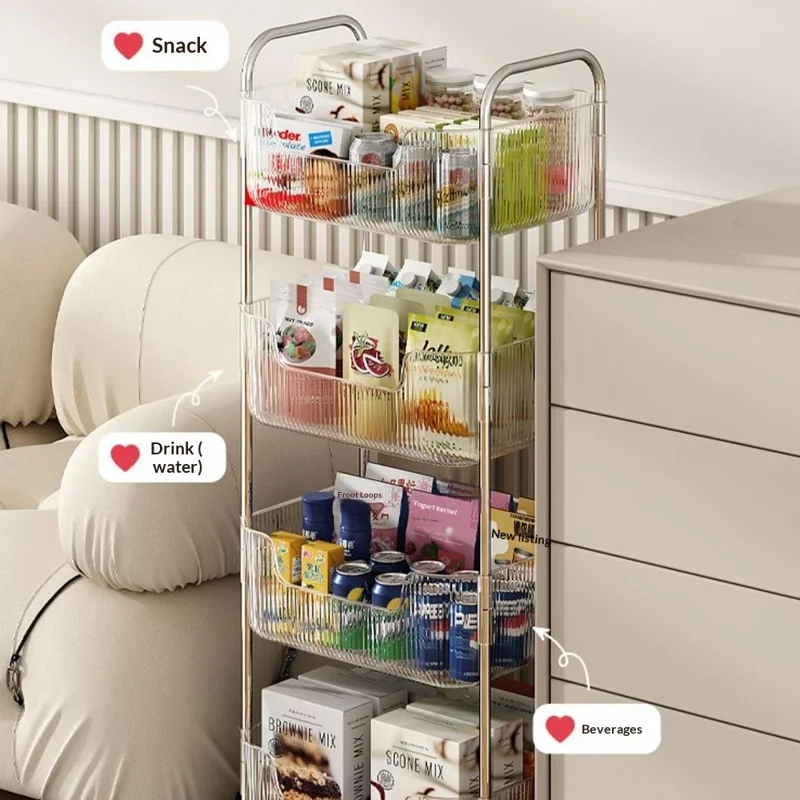 4 Tier Acrylic Rolling Storage Cart with 2 Side Hanging Baskets Kitchen Bathroom Organizer with Wheels