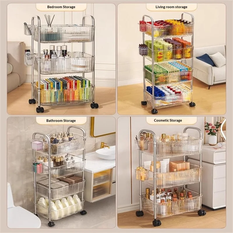 4 Tier Acrylic Rolling Storage Cart with 2 Side Hanging Baskets Kitchen Bathroom Organizer with Wheels
