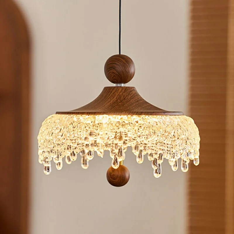 Lampada a Sospensione a Goccia Stile Francese Retro per Sala da Pranzo, Lampadario LED con Dimmer a 3 Colori - Colore Noce