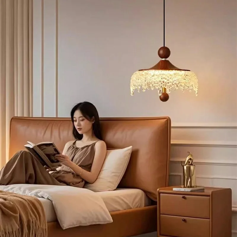 Lampada a Sospensione a Goccia Stile Francese Retro per Sala da Pranzo, Lampadario LED con Dimmer a 3 Colori - Colore Noce