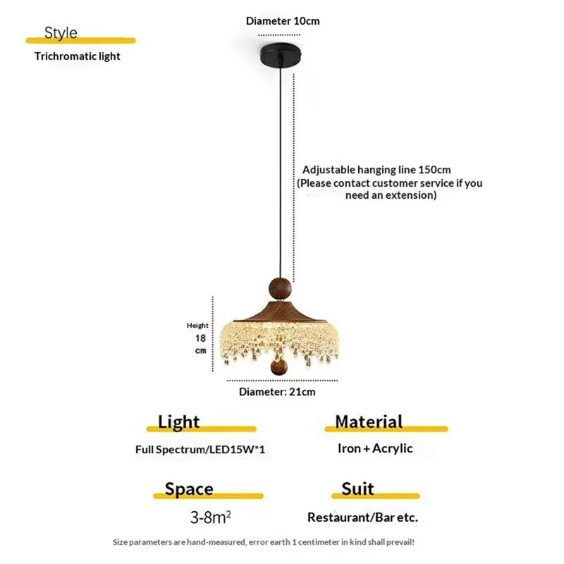 Lampada a Sospensione a Goccia Stile Francese Retro per Sala da Pranzo, Lampadario LED con Dimmer a 3 Colori - Colore Noce