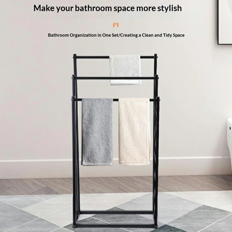 Estante de Piso de 3 Niveles para Toallas, Organizador de Acero al Carbono Antioxidante para Baño, Soporte para Toallas Autosoportado - Negro
