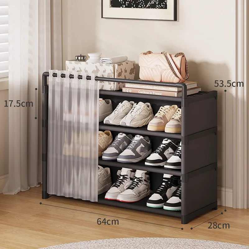 64 см, 4-уровневая обувница, многоярусная полка для хранения обуви, домашний органайзер с дверцей-шторкой - черный
