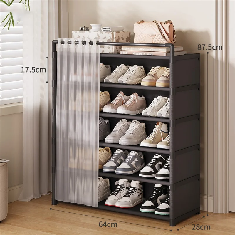 64 см, 6-уровневая обувница, многоярусная полка для хранения обуви, органайзер для дома с дверцей-шторкой - Черный