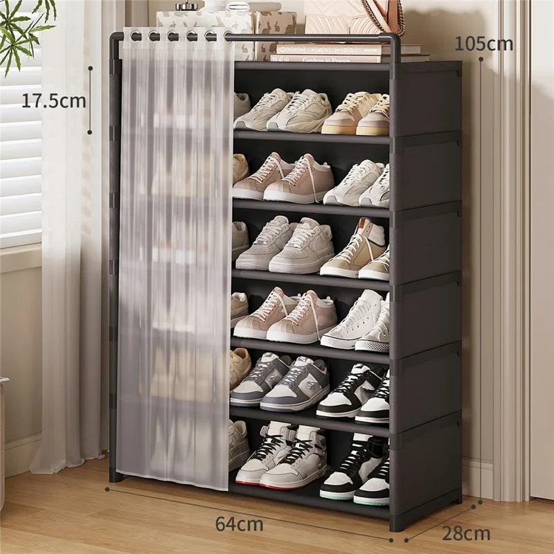 7-уровневая обувница длиной 64 см с пылезащитной шторкой, многоярусный шкаф для хранения — черный