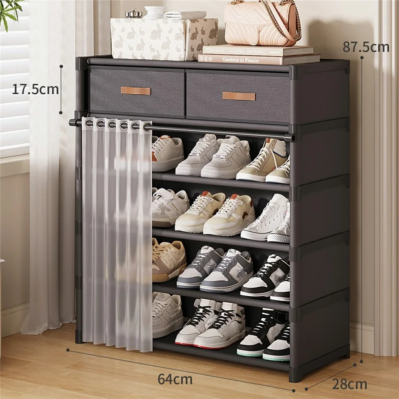 6-уровневая обувница с ящиками, 64 см, шкаф для прихожей с пылезащитной шторкой, многоярусная система хранения - Черный