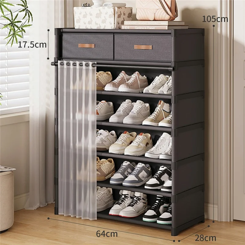 7-уровневая обувница с ящиками, 64 см, шкаф для прихожей с пылезащитной шторкой, многоярусная система хранения - черный цвет